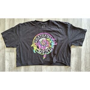Grateful Dead Women's Cropped XL Dancing Bears Black T-Shirt Rainbow Graphic
